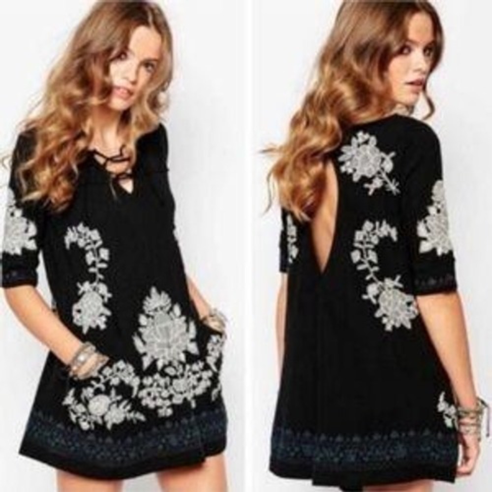 Free People Talia Black Floral Embroidered Lace Up Mini Dress Boho Tunic S